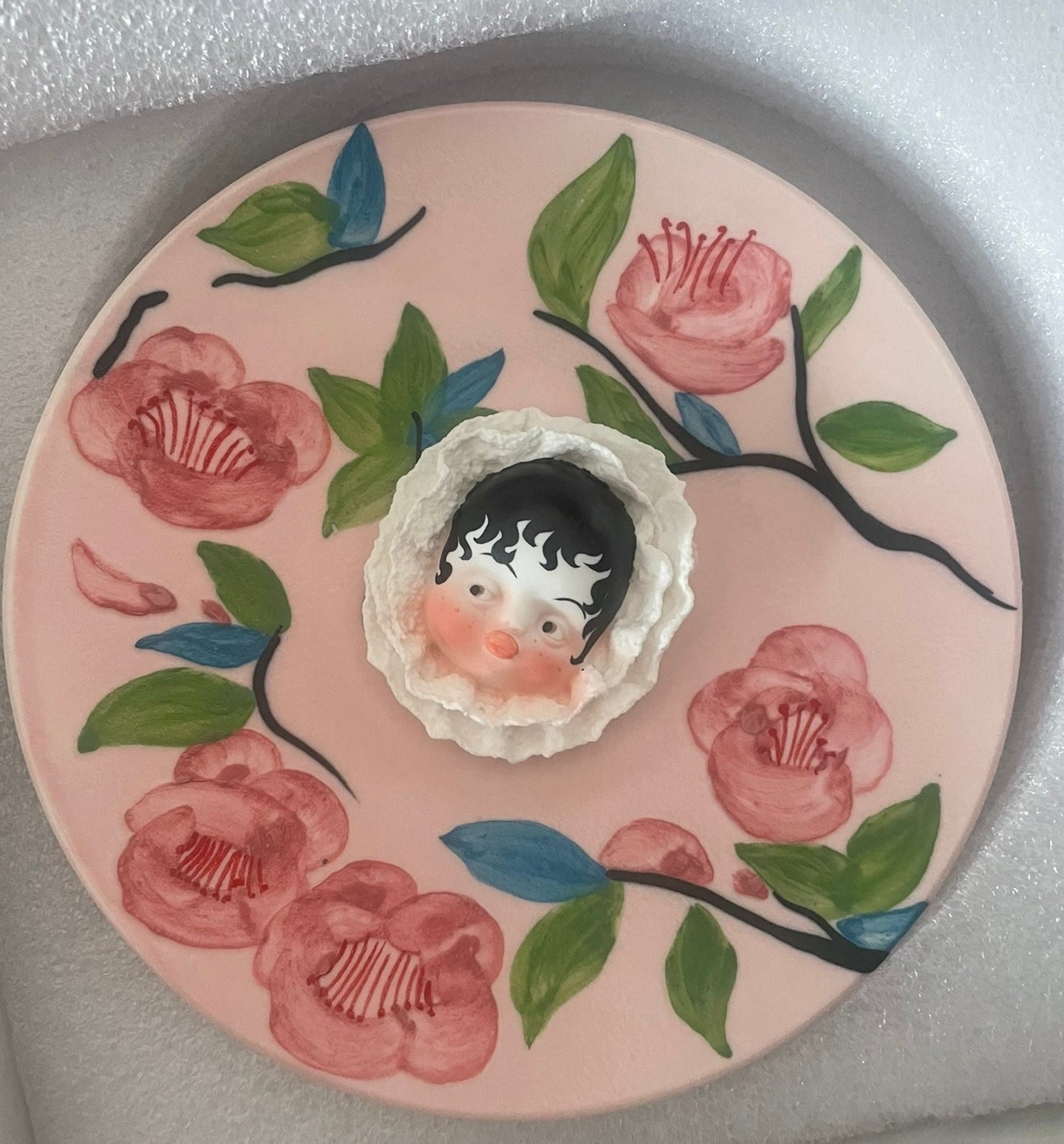 OOAK Hand-Painted Ceramic Plate 163mm - Unique Decorative Wall Art with Baby Face Sculpture & Floral Design