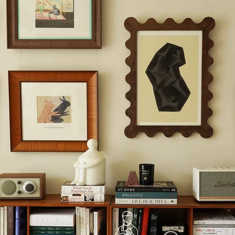 Abstract Art Print with Walnut Wavy Frame, 45x60cm Modern Canvas Wall Art, Mid-Century Sculptural Decorative Painting with Glass Cover