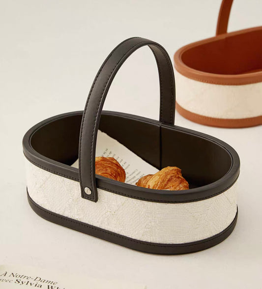 Vintaged-Inspired Woven Storage Basket with PU Leather Handle - Multifunctional Organizer for Home & Living