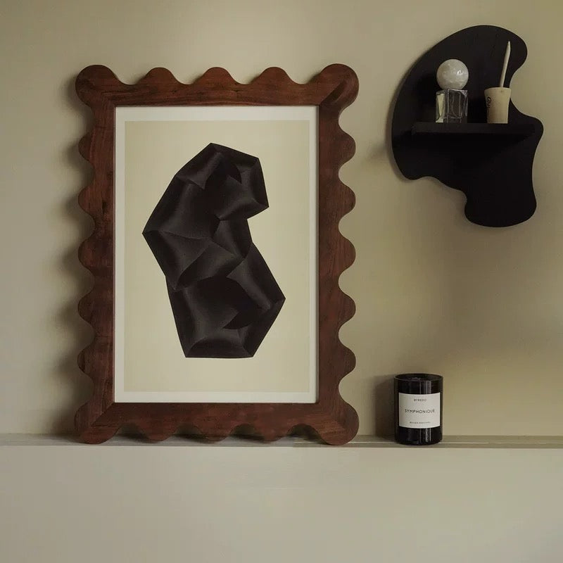 Abstract Art Print with Walnut Wavy Frame, 45x60cm Modern Canvas Wall Art, Mid-Century Sculptural Decorative Painting with Glass Cover