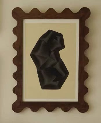 Abstract Art Print with Walnut Wavy Frame, 45x60cm Modern Canvas Wall Art, Mid-Century Sculptural Decorative Painting with Glass Cover