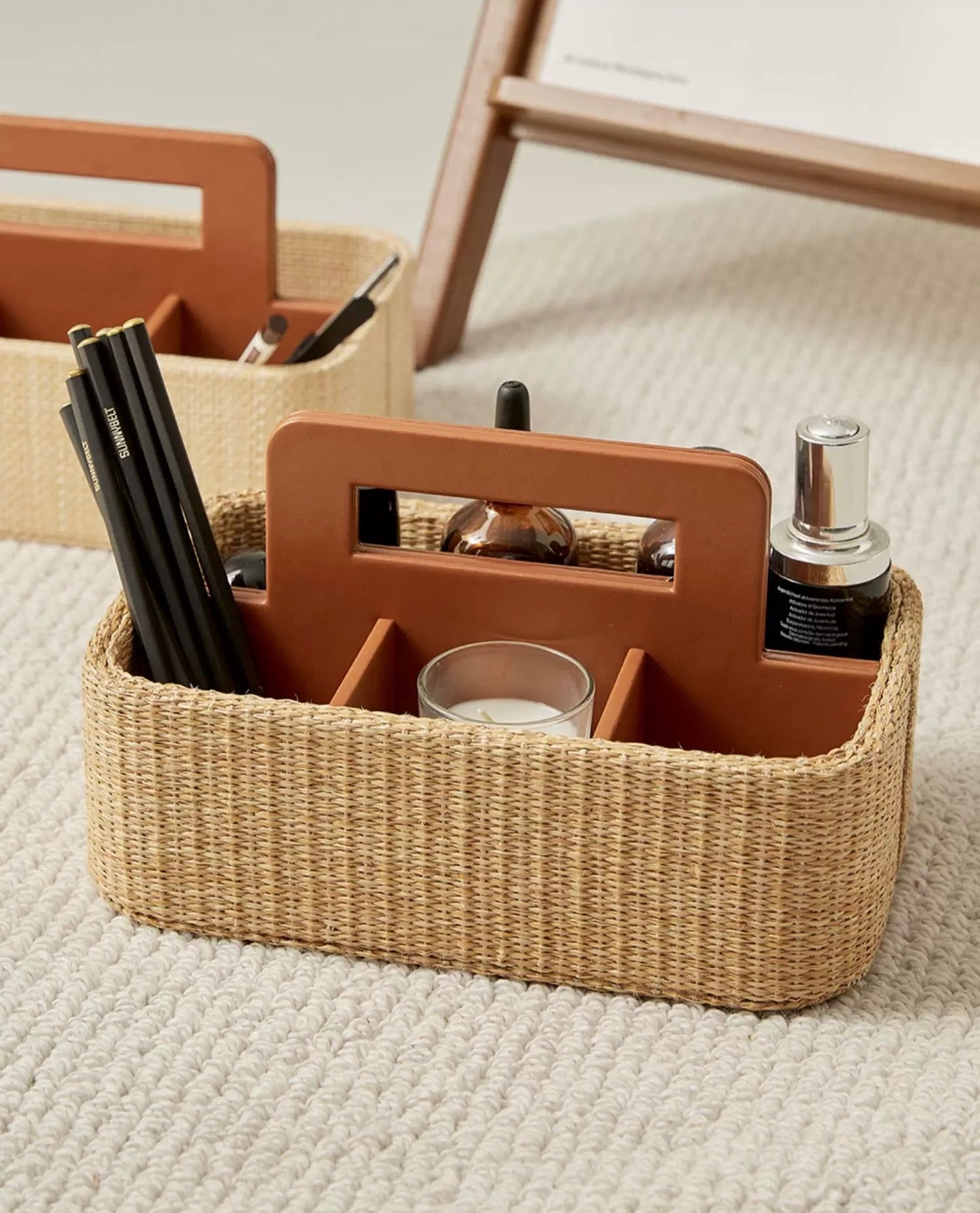 Rattan Handled Storage Basket - Multi-Compartment Organizer with PU Leather & Woven Design, Modern Decorative Storage Box