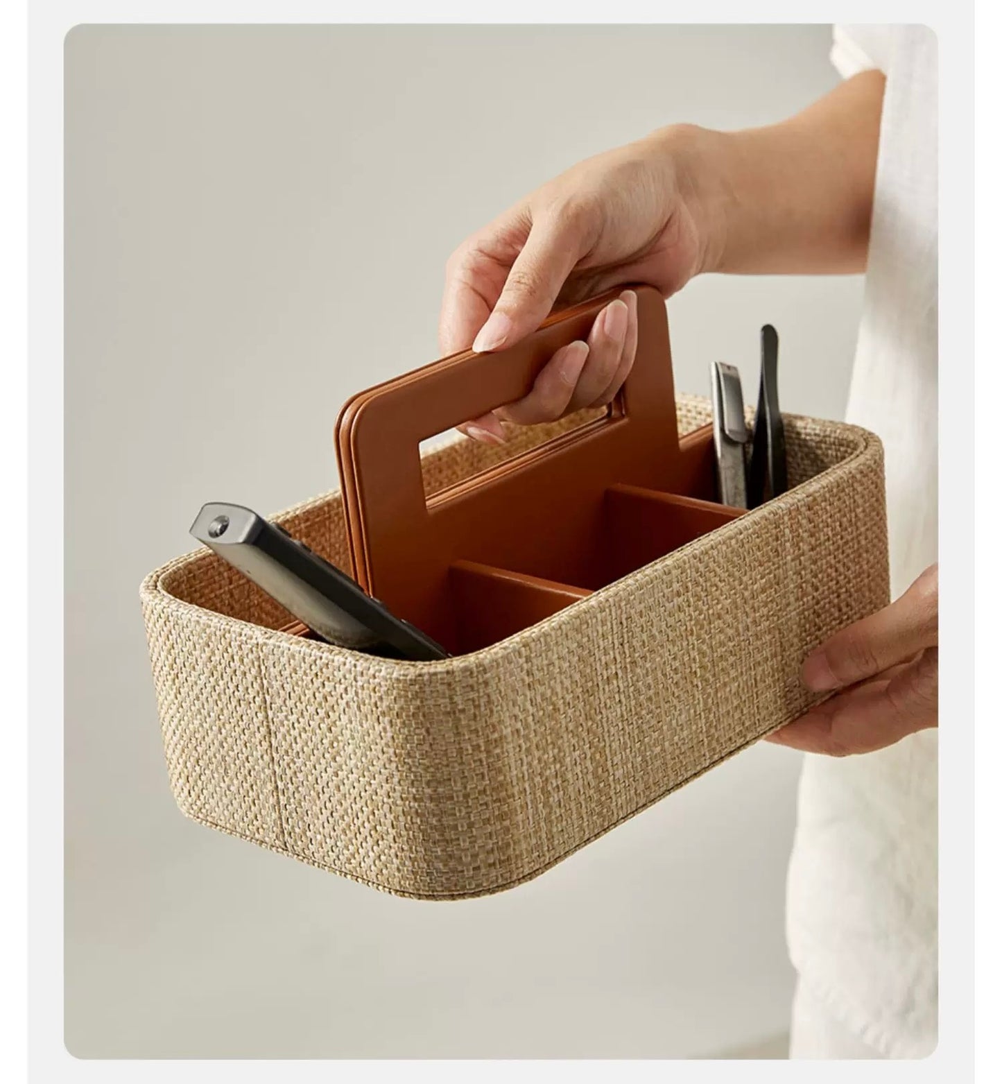 Rattan Handled Storage Basket - Multi-Compartment Organizer with PU Leather & Woven Design, Modern Decorative Storage Box