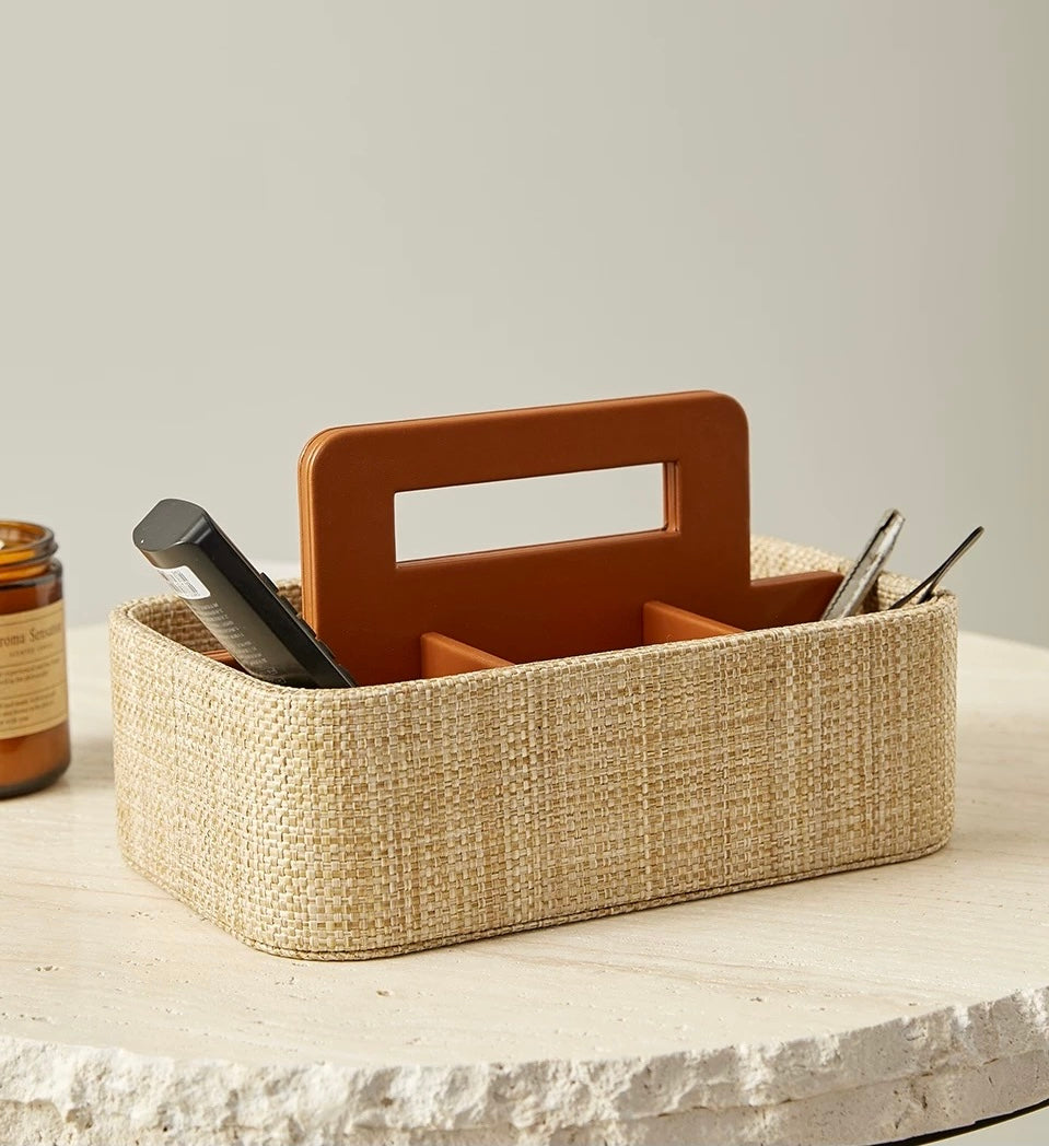 Rattan Handled Storage Basket - Multi-Compartment Organizer with PU Leather & Woven Design, Modern Decorative Storage Box