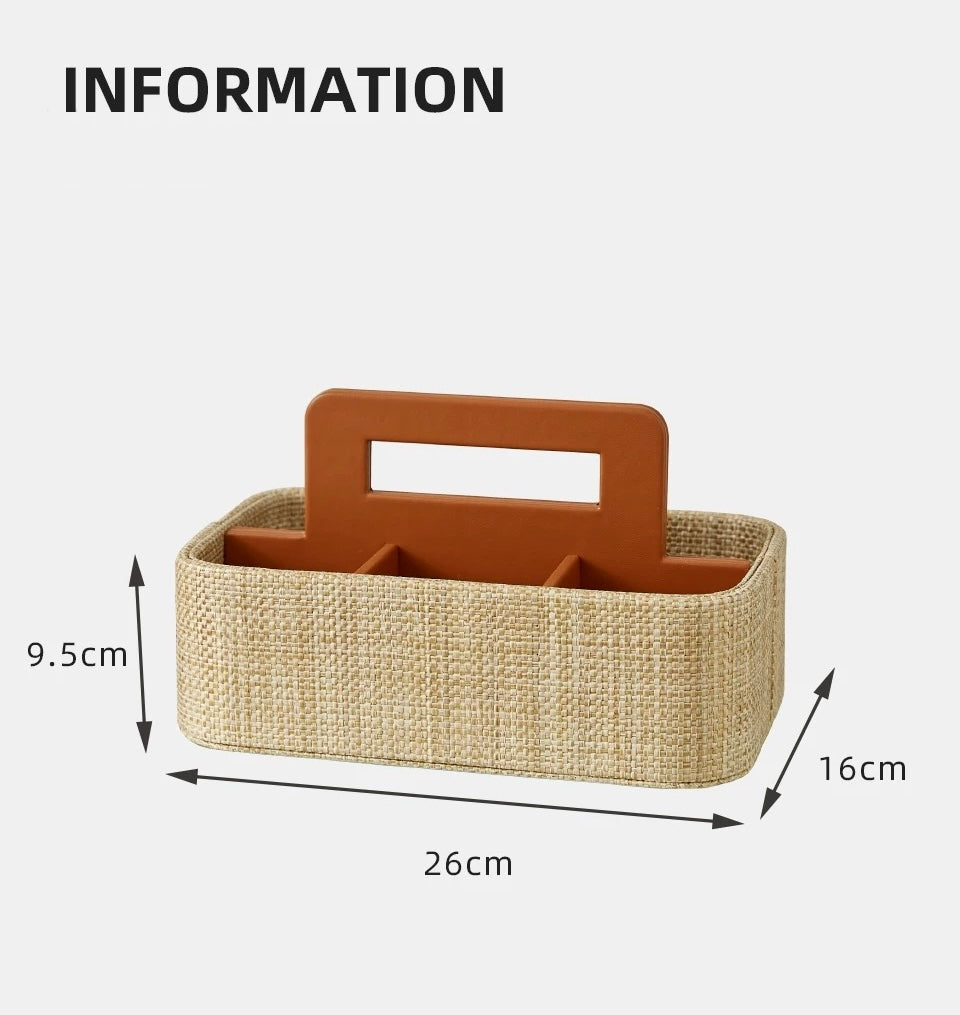 Rattan Handled Storage Basket - Multi-Compartment Organizer with PU Leather & Woven Design, Modern Decorative Storage Box