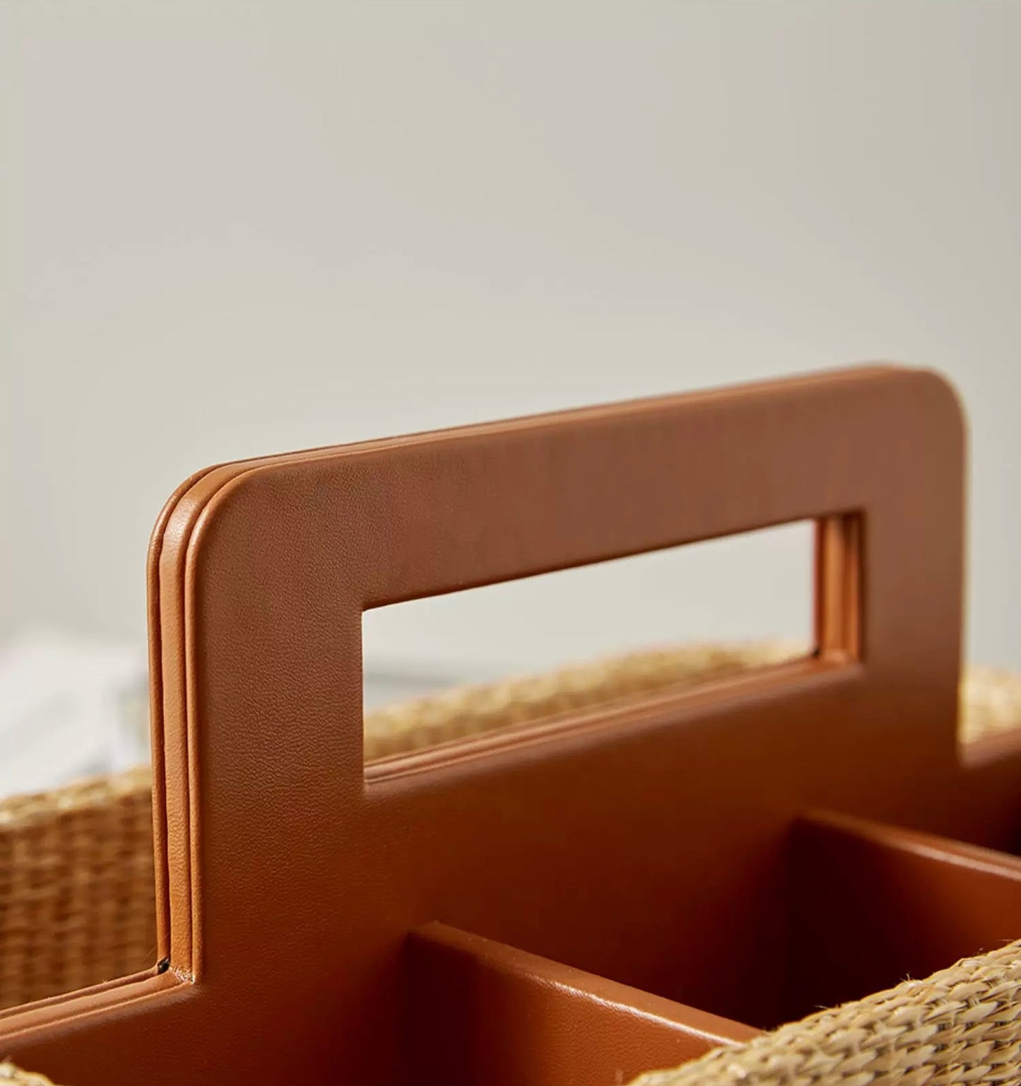 Rattan Handled Storage Basket - Multi-Compartment Organizer with PU Leather & Woven Design, Modern Decorative Storage Box