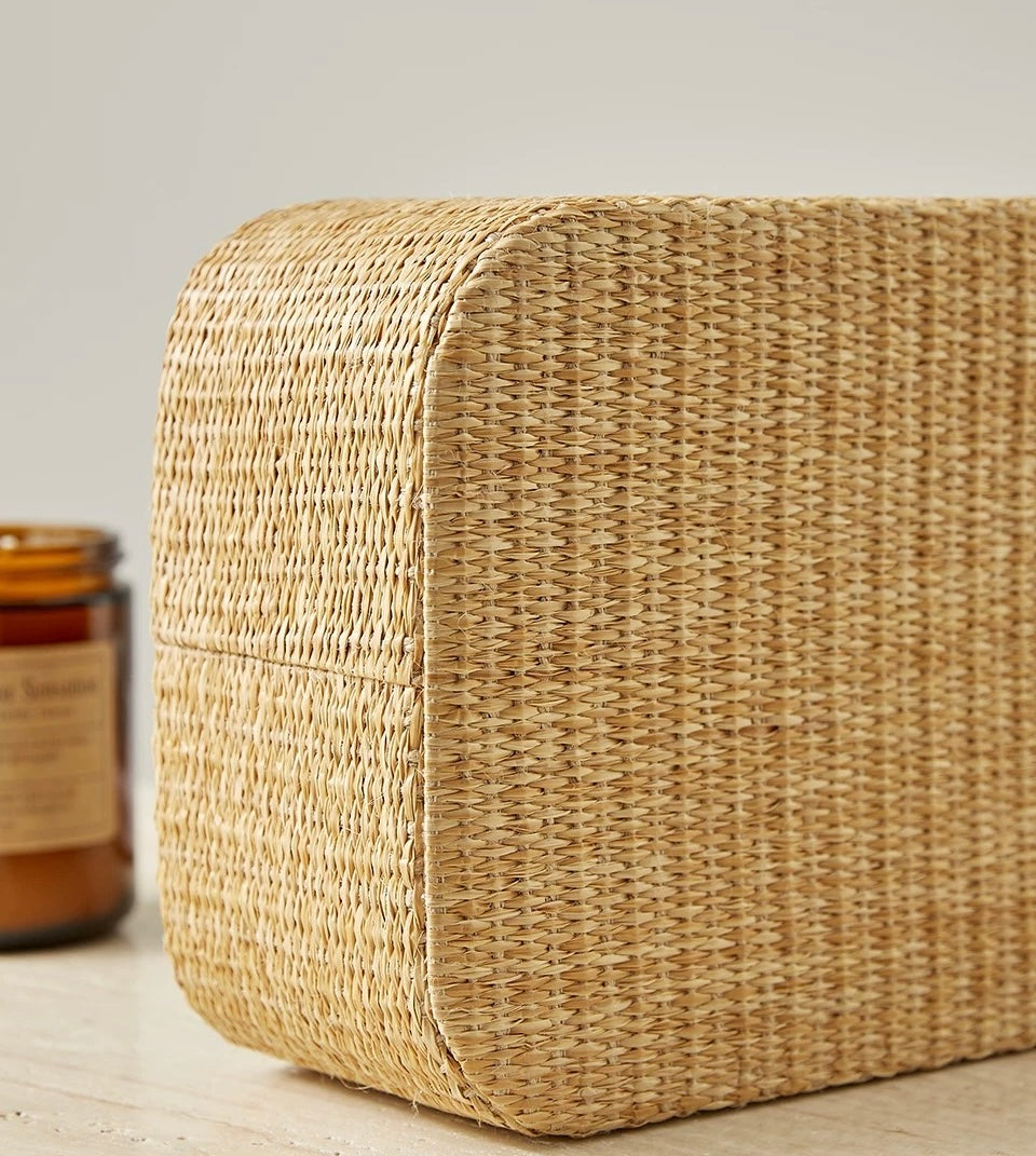 Rattan Handled Storage Basket - Multi-Compartment Organizer with PU Leather & Woven Design, Modern Decorative Storage Box