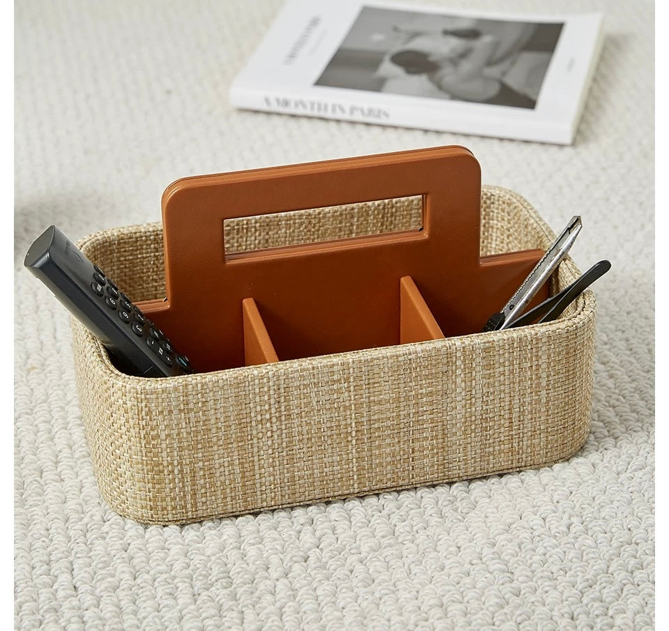 Rattan Handled Storage Basket - Multi-Compartment Organizer with PU Leather & Woven Design, Modern Decorative Storage Box