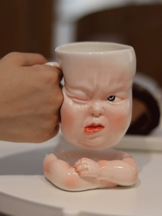 Handmade Ceramic Face Mug - Quirky Sculptural Coffee Cup, Funny Expression Pottery Drinkware, Unique Art Collectible 1