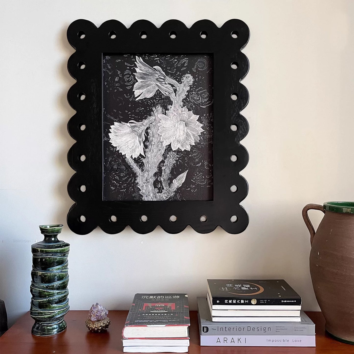 Floral Art Print with Black Wavy Pine Frame, 40x50cm Botanical Canvas Wall Art, Sculptural Wooden Frame with Acrylic Glass