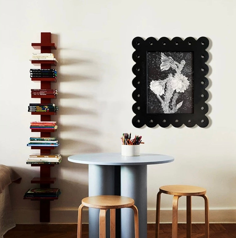 Floral Art Print with Black Wavy Pine Frame, 40x50cm Botanical Canvas Wall Art, Sculptural Wooden Frame with Acrylic Glass