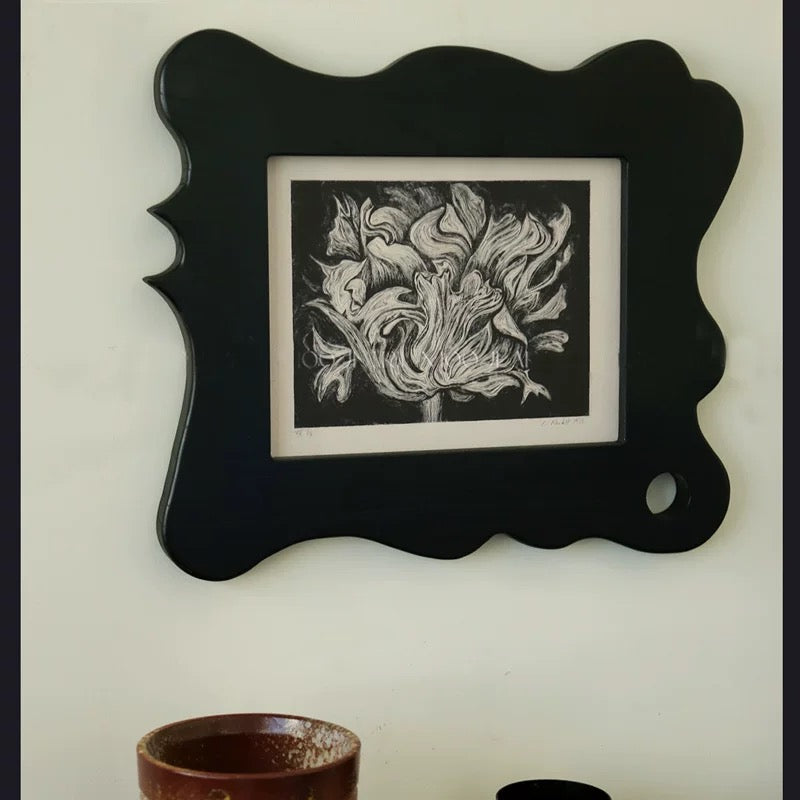 Botanical Flower Art with Sculptural Black Wavy Frame, 40x50cm Modern Canvas Wall Art, Unique Wooden Frame Decor