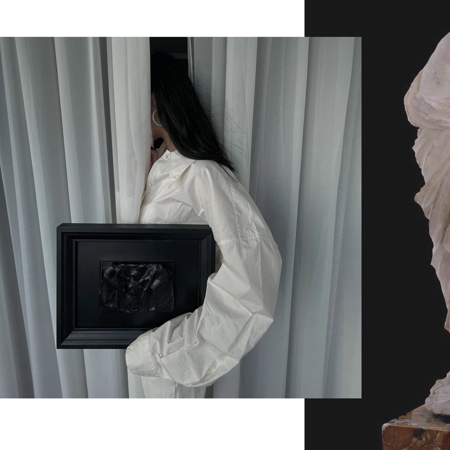 Handcrafted Black Wax Relief Wall Art - Rebirth of Aphrodite, Neo-Classical Decorative Sculpture Frame (37x27cm)