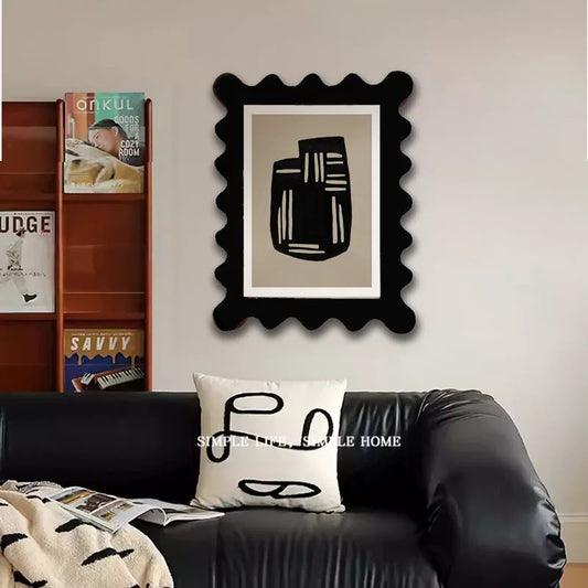 Wavy Frame Abstract Art Prink, 40x50cm Sculptural Black Wood Frame, Minimal Geometric Canvas with Acrylic Glass, Modern Wall Decor