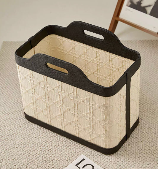 Vintage Rattan Storage Box with Leather Trim - Large Capacity Decorative Basket for Blankets, Magzines & Living Room Organization