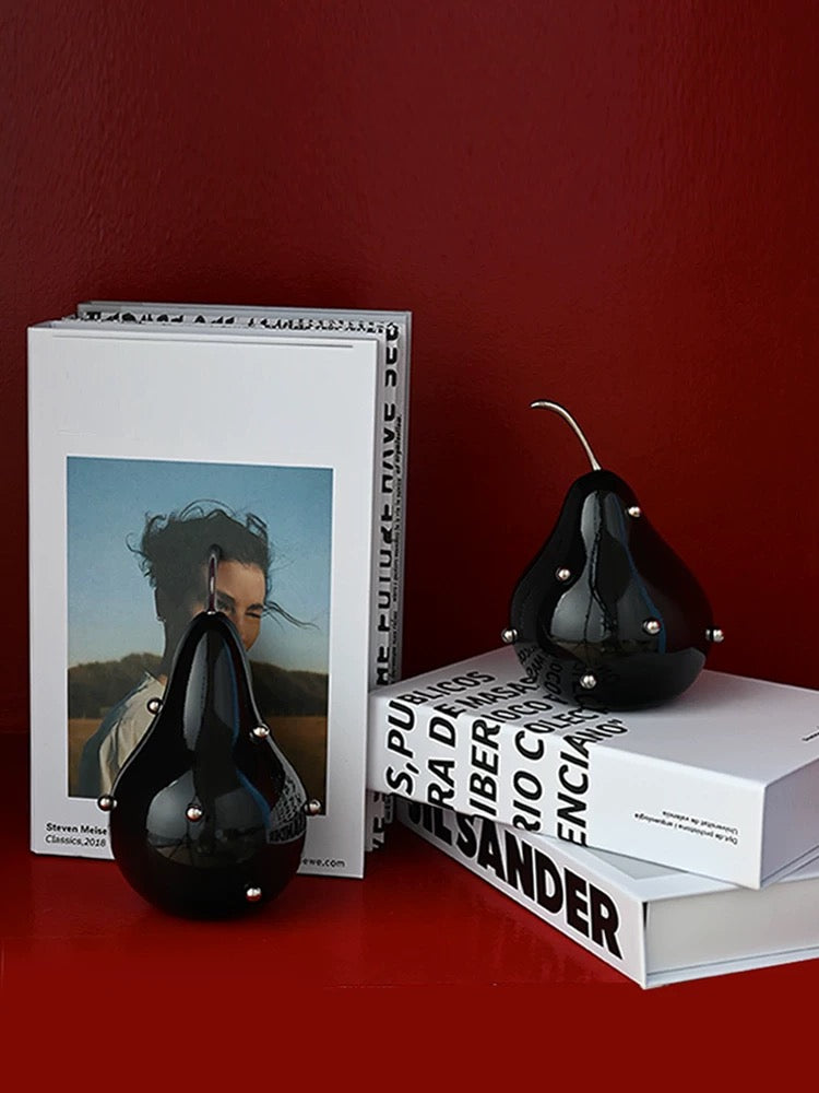 Black Pear Bookends - Modern Sculptural Resin with Metal Studs, Heavy Decorative Objects for Shelves & Coffee Table Styling