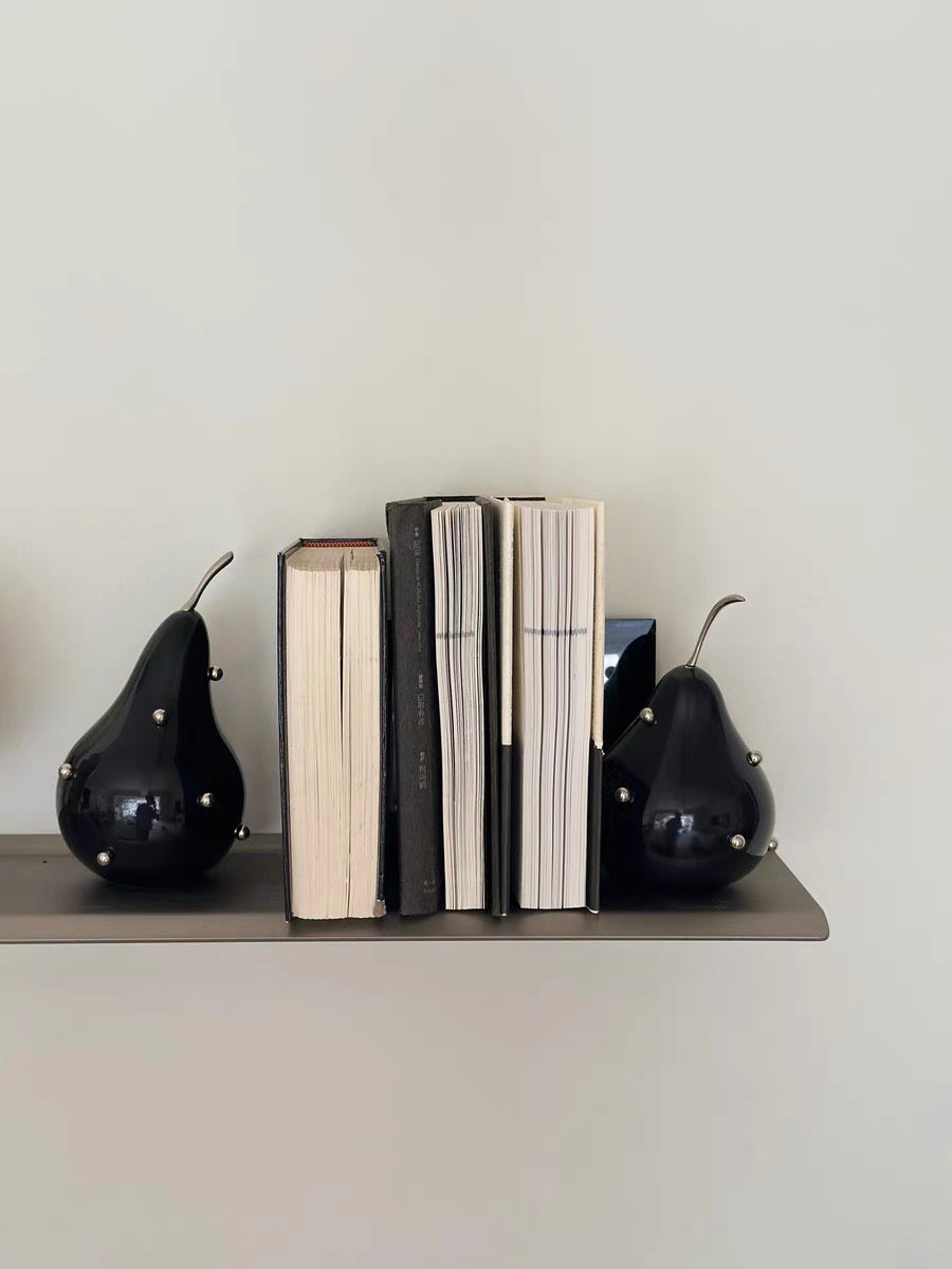 Black Pear Bookends - Modern Sculptural Resin with Metal Studs, Heavy Decorative Objects for Shelves & Coffee Table Styling