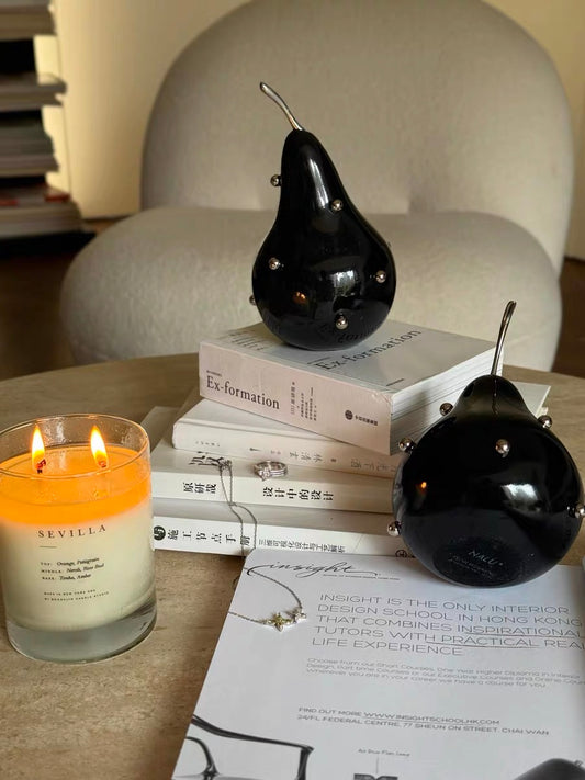 Black Pear Bookends - Modern Sculptural Resin with Metal Studs, Heavy Decorative Objects for Shelves & Coffee Table Styling