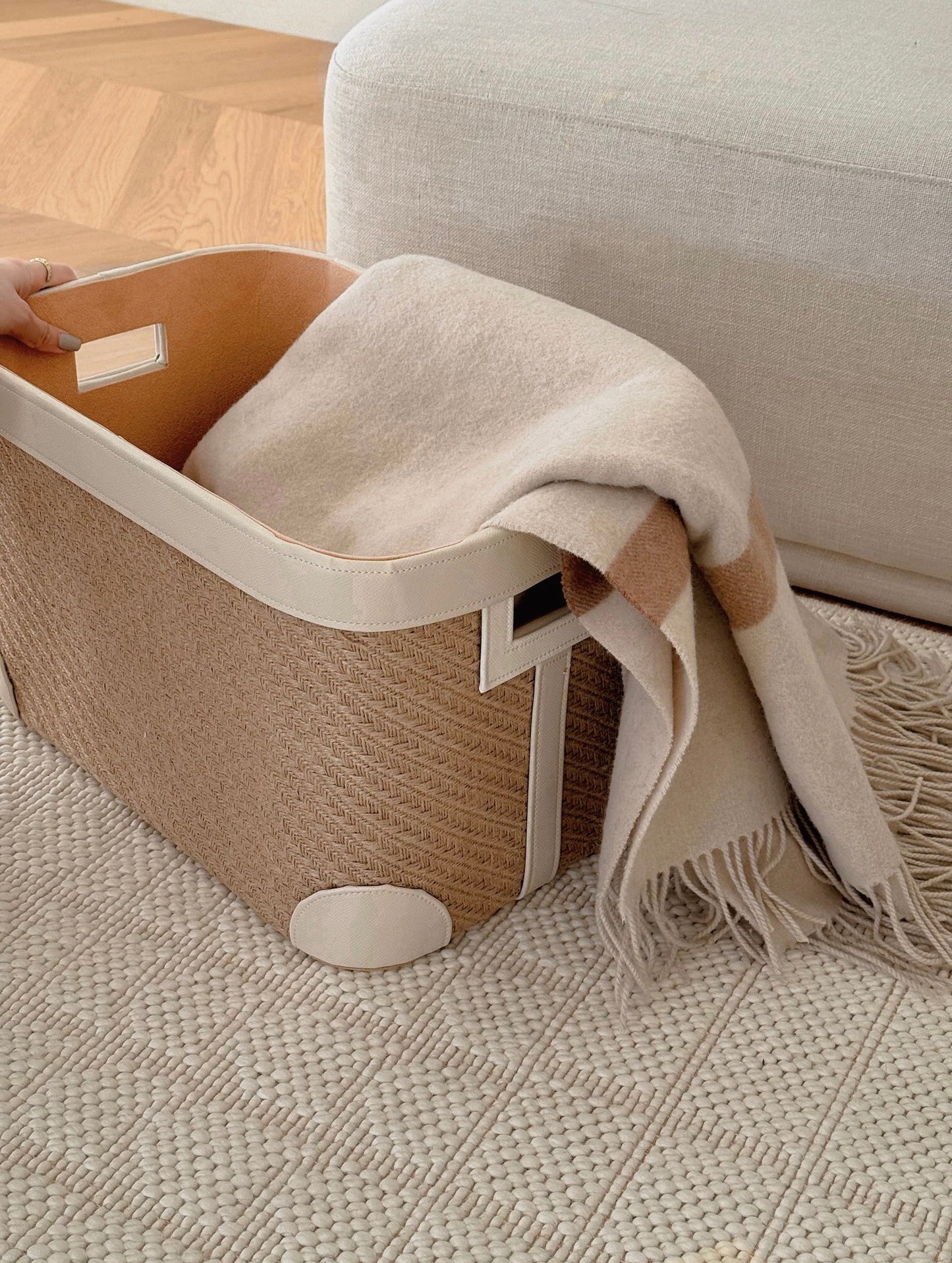 Handwoven Jute Storage Box with Leather Lid - Cream White Minimalist Organizer for Living Room, Closet & Modern Home Decor