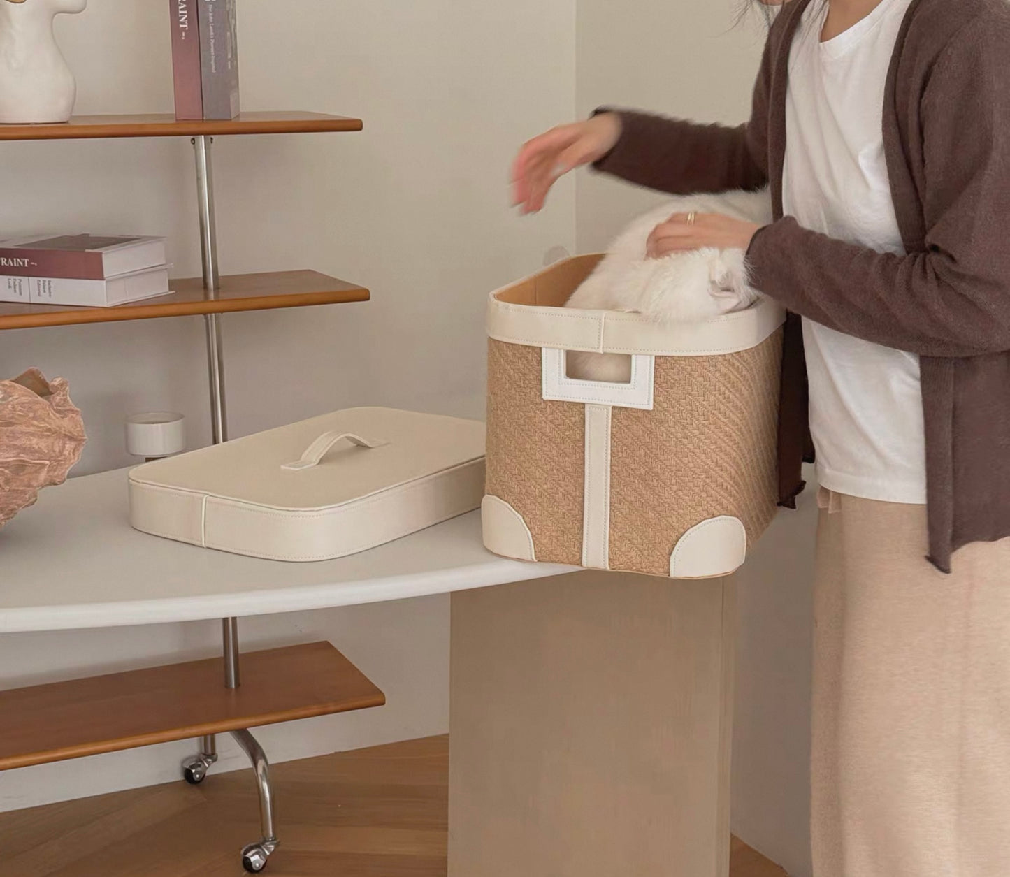 Handwoven Jute Storage Box with Leather Lid - Cream White Minimalist Organizer for Living Room, Closet & Modern Home Decor