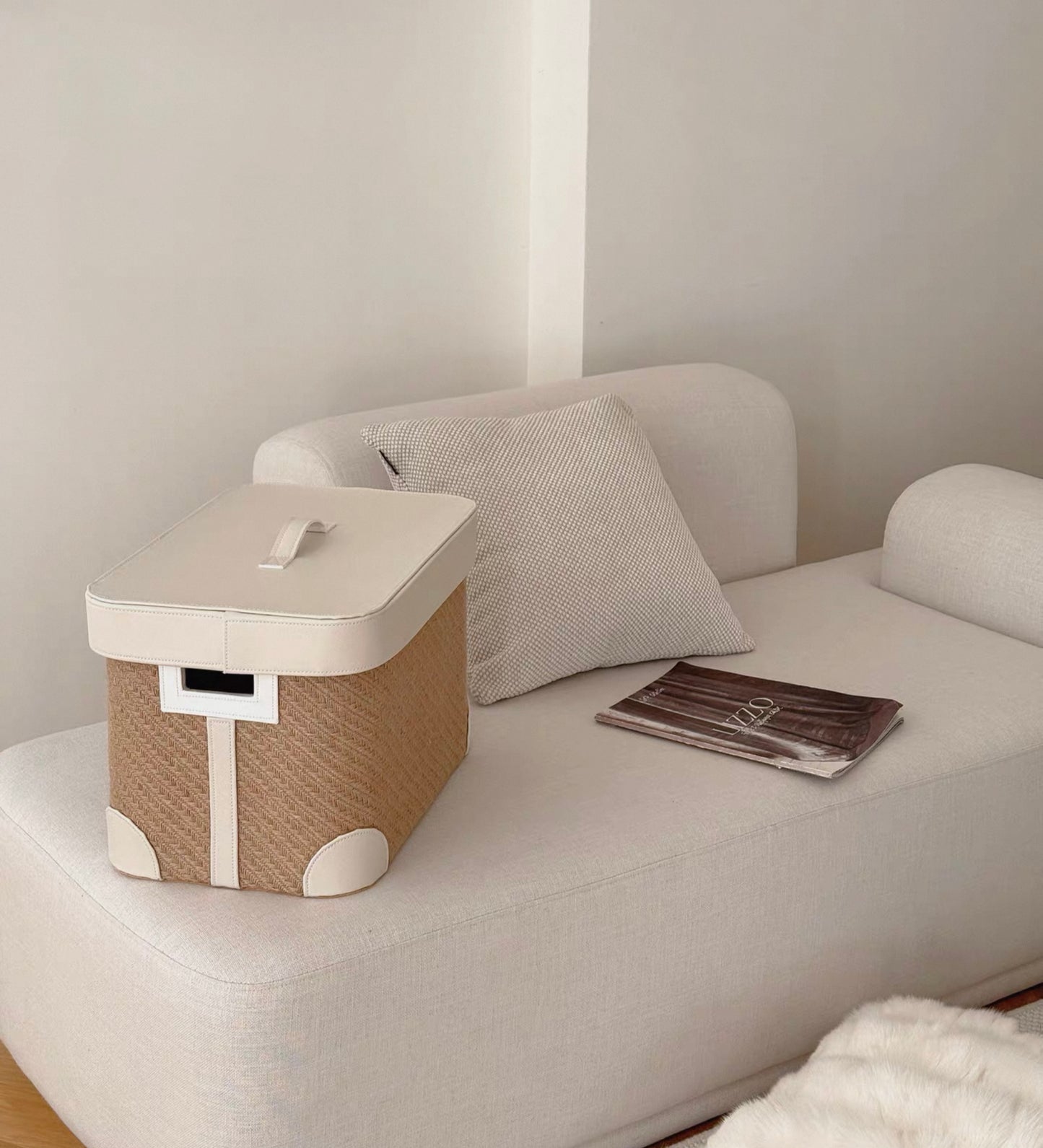 Handwoven Jute Storage Box with Leather Lid - Cream White Minimalist Organizer for Living Room, Closet & Modern Home Decor