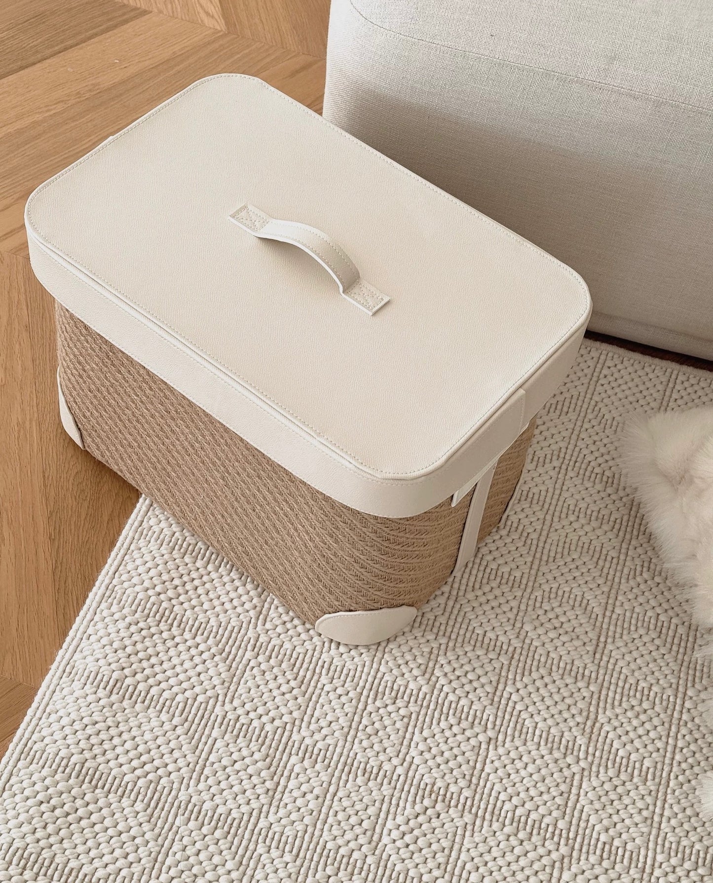 Handwoven Jute Storage Box with Leather Lid - Cream White Minimalist Organizer for Living Room, Closet & Modern Home Decor