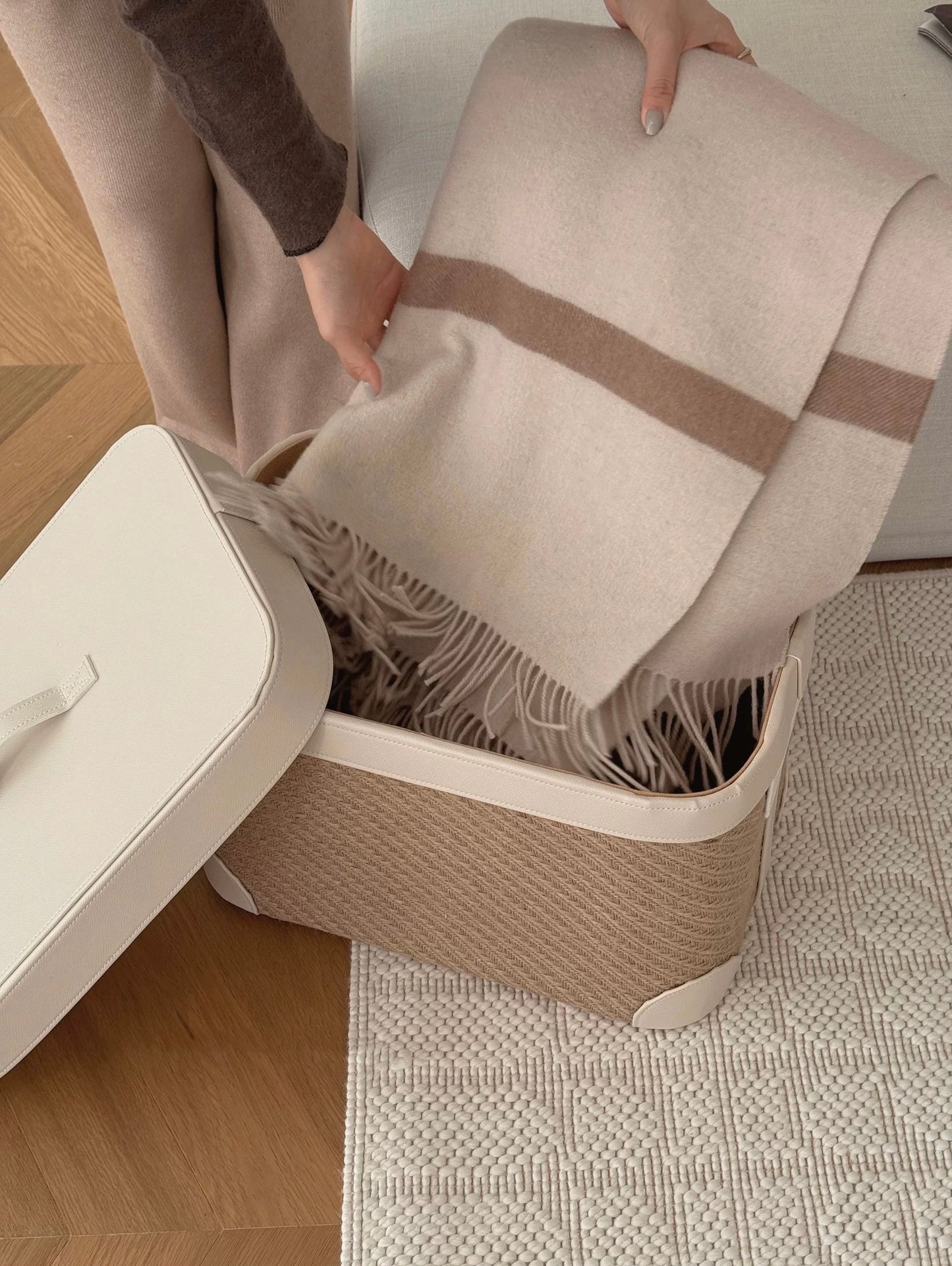 Handwoven Jute Storage Box with Leather Lid - Cream White Minimalist Organizer for Living Room, Closet & Modern Home Decor