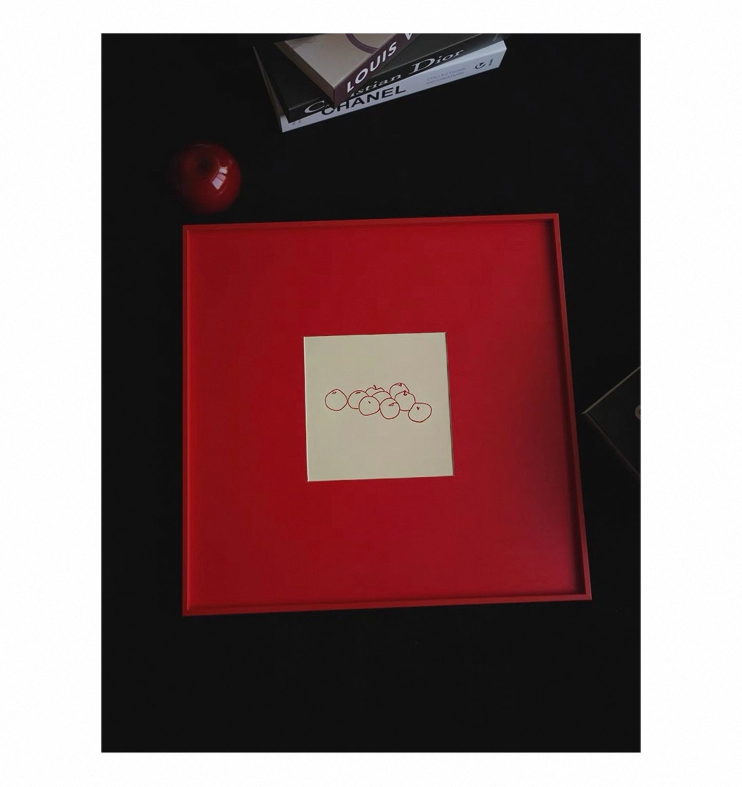 Minimalist Red Wall Art with Fruit Line Drawing, Square Canvas 50x50cm, Bold Modern Statement Artwork with Frame