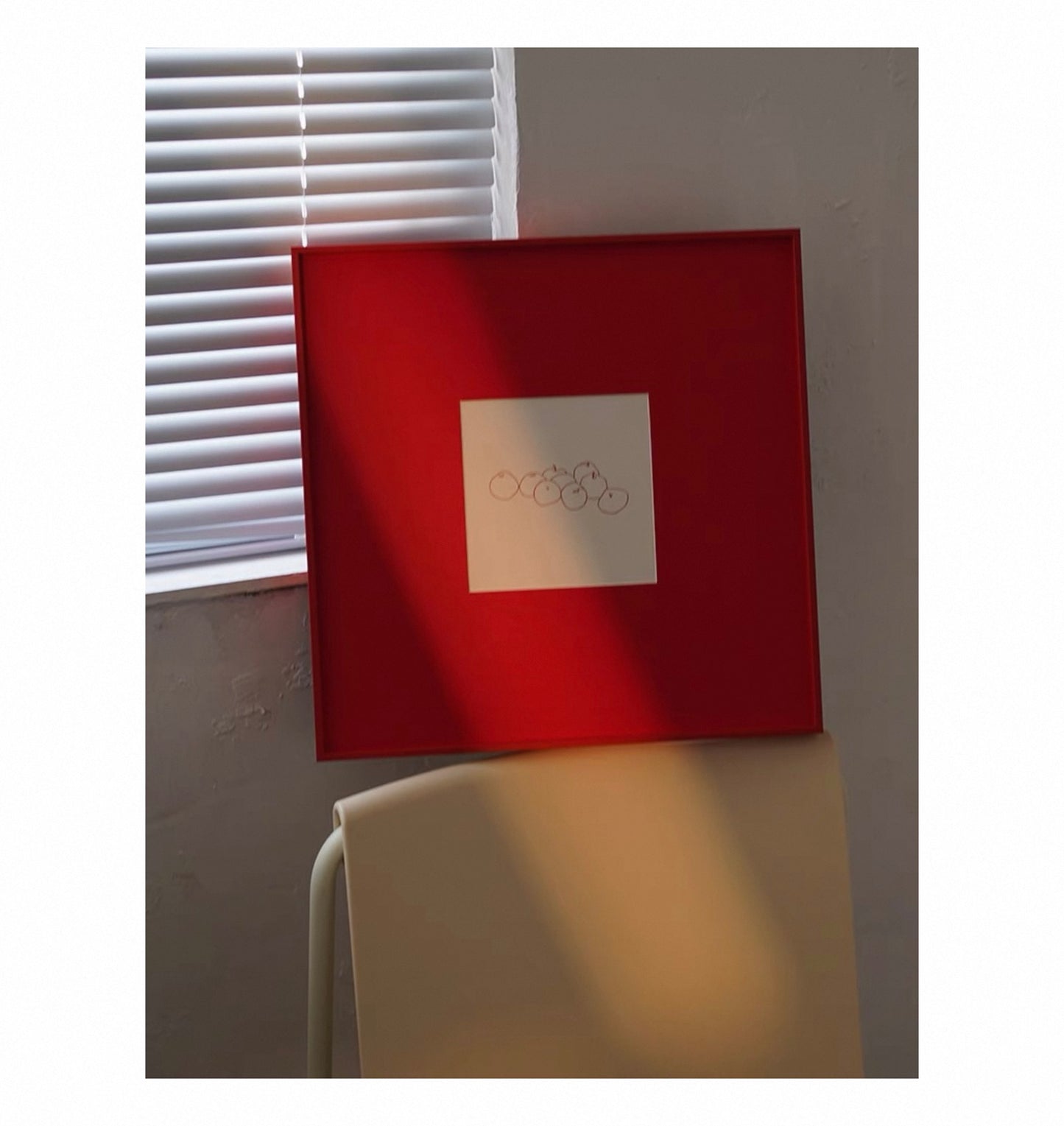 Minimalist Red Wall Art with Fruit Line Drawing, Square Canvas 50x50cm, Bold Modern Statement Artwork with Frame