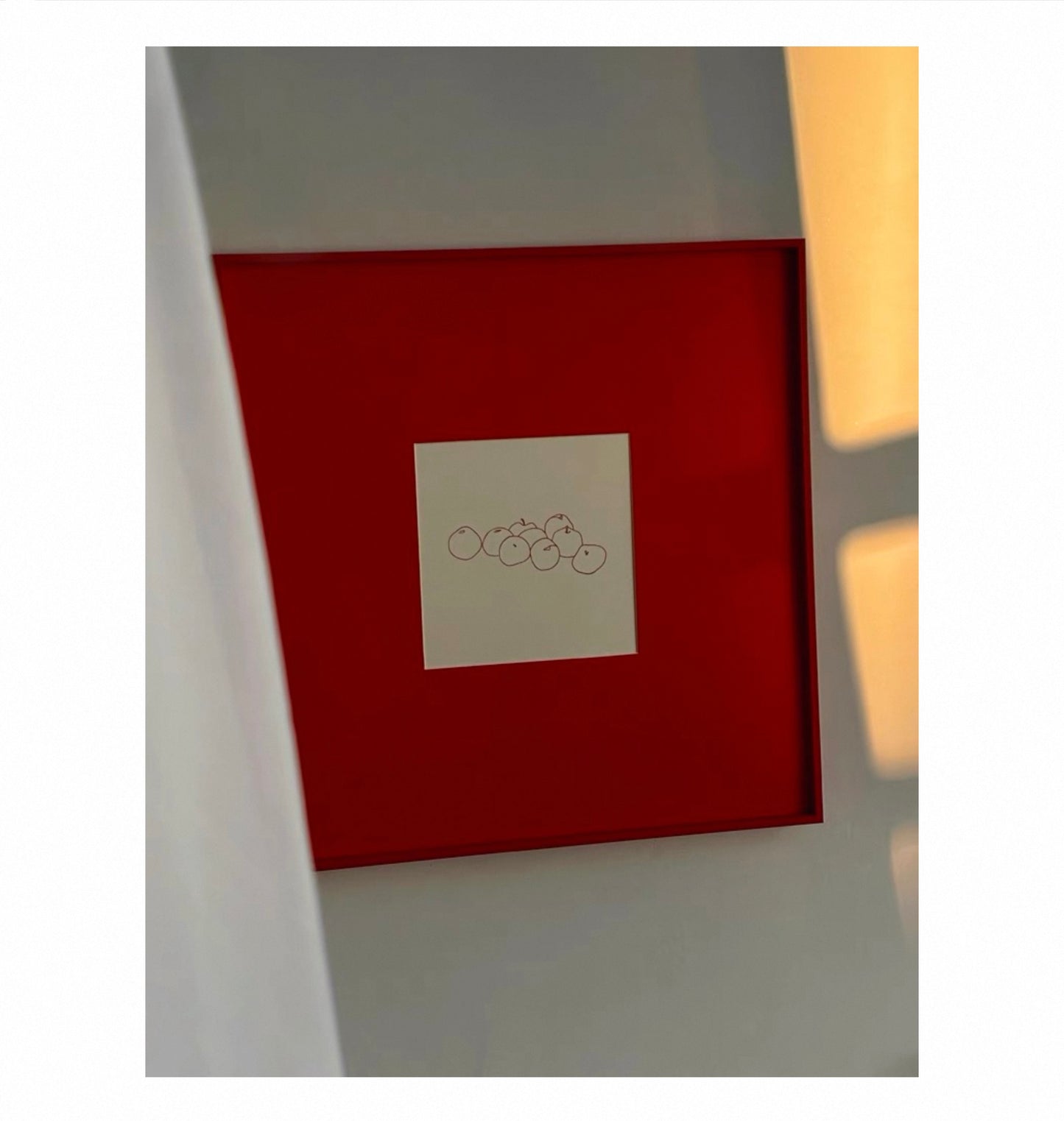 Minimalist Red Wall Art with Fruit Line Drawing, Square Canvas 50x50cm, Bold Modern Statement Artwork with Frame