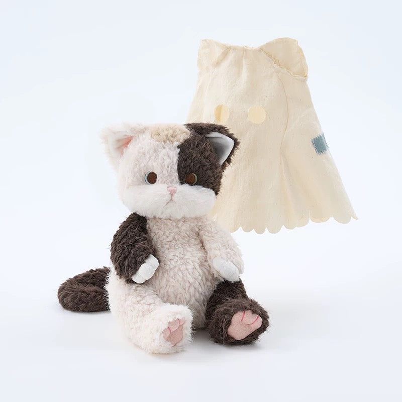 Handmade Ghost Cat Plush -Shy Socially nxious Kitty Doll, Spooky Cute Emotional Support Plushie Gift (20-29 cm)